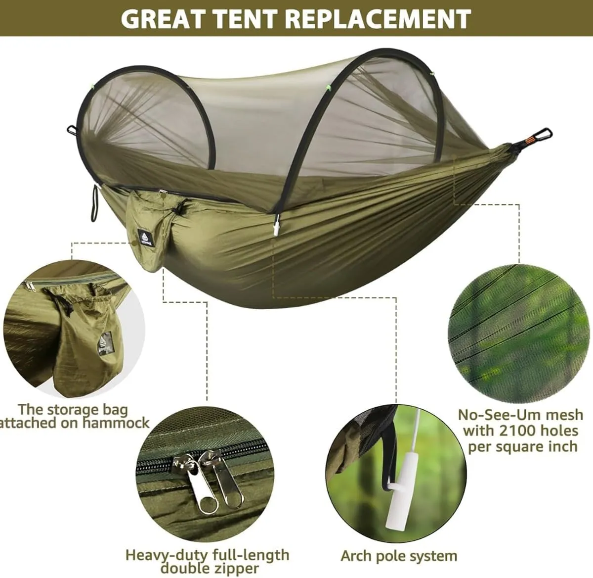 Mosquito Net for Hammock, Hammock Tent Strong Load-Bearing Capacity, Hammock Camping Breathable and Mosquito Proof, Suitable for Outdoor Use(Green,260 * 140cm)