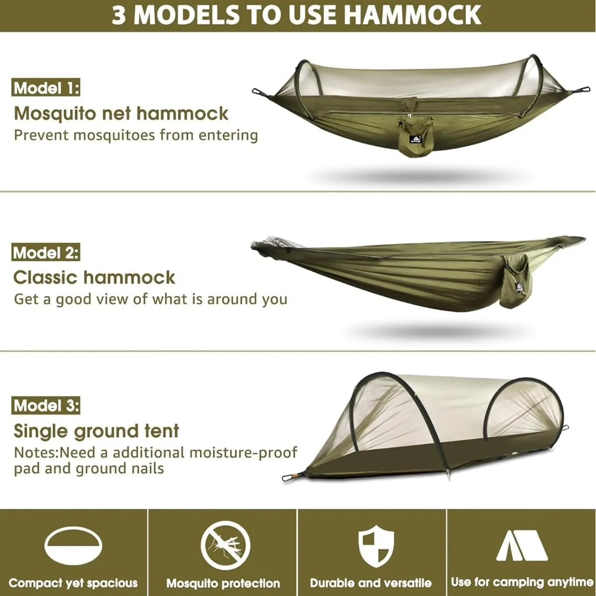 Mosquito Net for Hammock, Hammock Tent Strong Load-Bearing Capacity, Hammock Camping Breathable and Mosquito Proof, Suitable for Outdoor Use(Green,260 * 140cm)