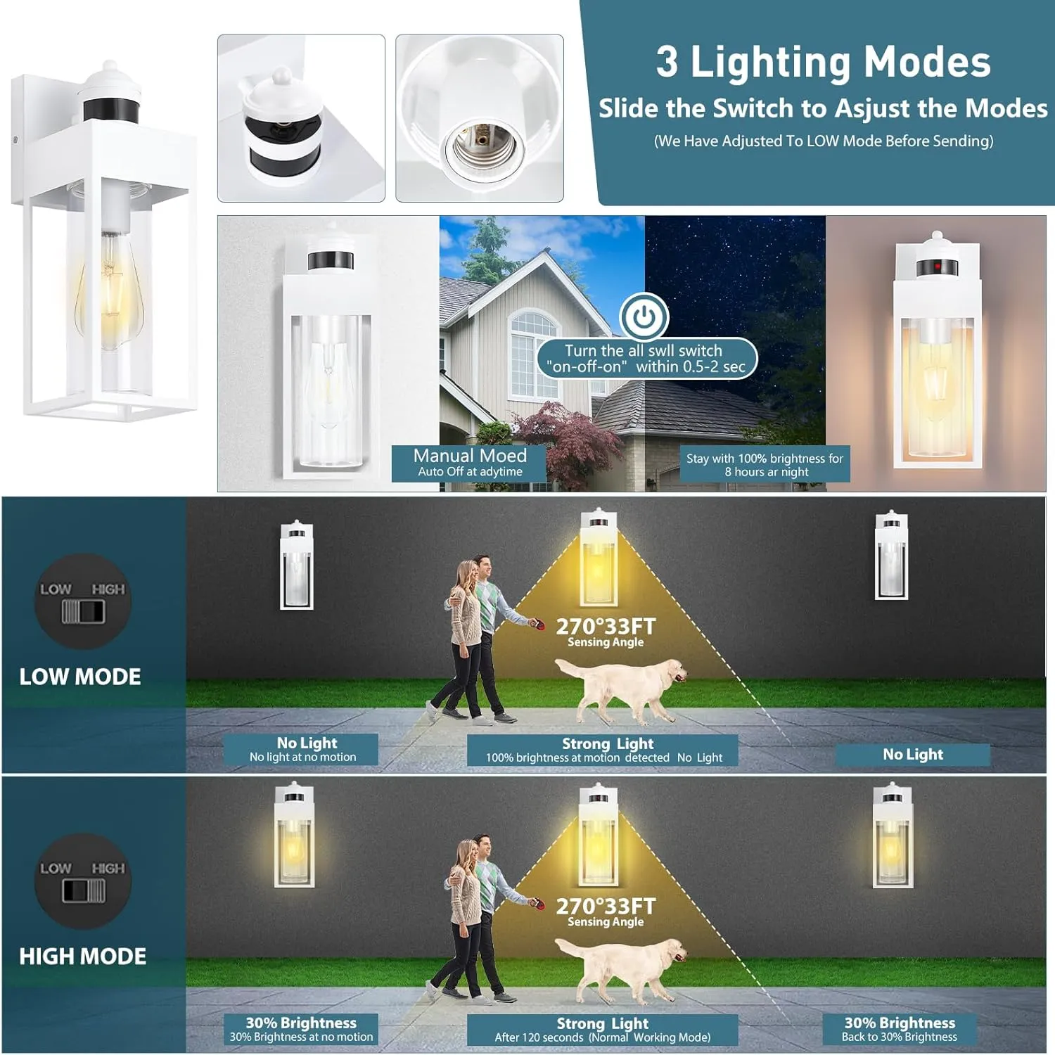 Motion Sensor Outdoor Wall Lanterns, 2-Pack Dusk to Dawn Sconce,3 Lighting Modes Porch Lights, Outside Wall Lights for House Garage Patio