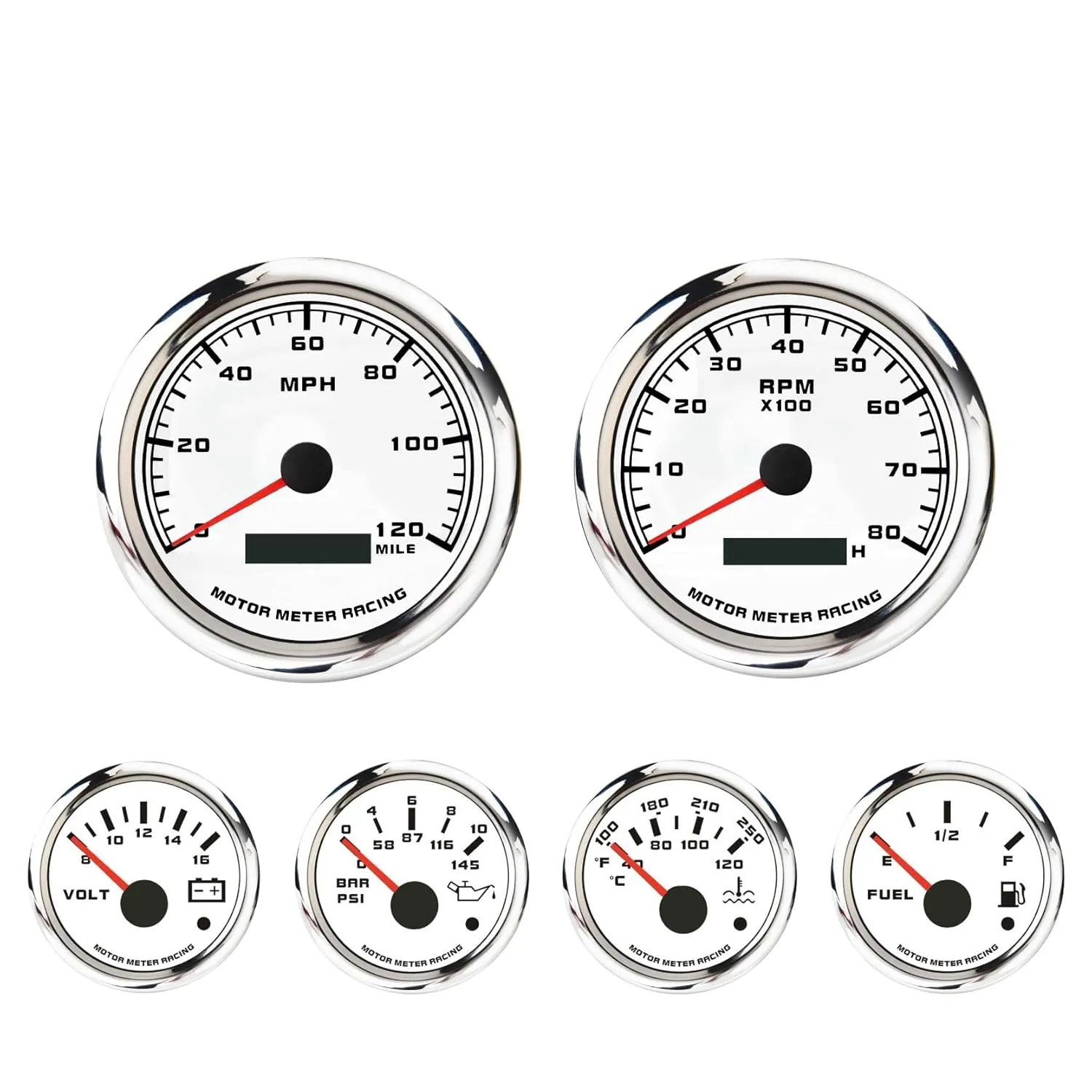 MOTOR METER RACING W PRO Series 6 Gauge Set - 85mm 3-3/8" GPS Speedometer & Tachometer 52mm 2-1/16" Volt, Fuel Level, Water Temperature & Oil Pressure White Dial Red LED - for Car, Boat & Truck