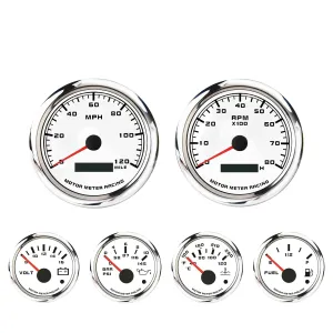 MOTOR METER RACING W PRO Series 6 Gauge Set - 85mm 3-3/8" GPS Speedometer & Tachometer 52mm 2-1/16" Volt, Fuel Level, Water Temperature & Oil Pressure White Dial Red LED - for Car, Boat & Truck