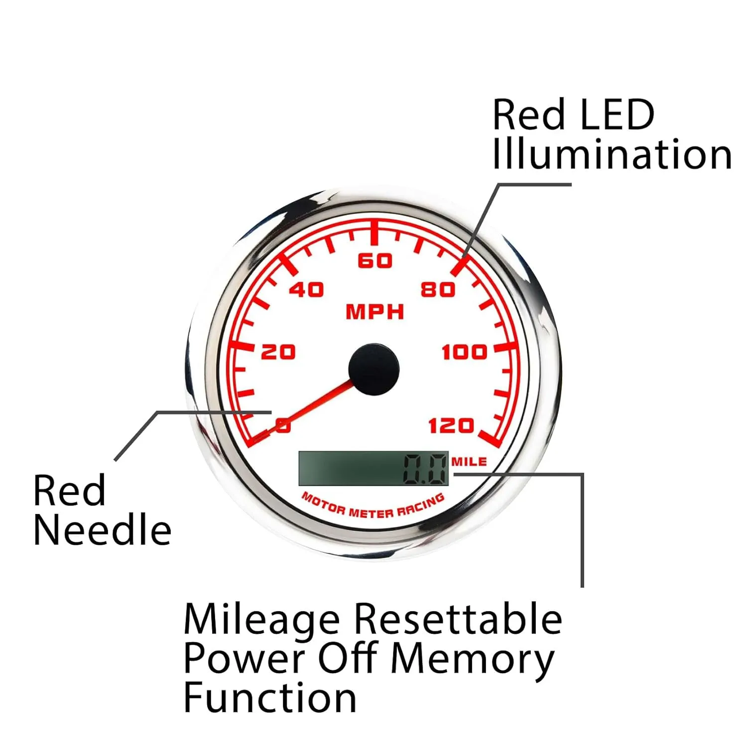 MOTOR METER RACING W PRO Series 6 Gauge Set - 85mm 3-3/8" GPS Speedometer & Tachometer 52mm 2-1/16" Volt, Fuel Level, Water Temperature & Oil Pressure White Dial Red LED - for Car, Boat & Truck