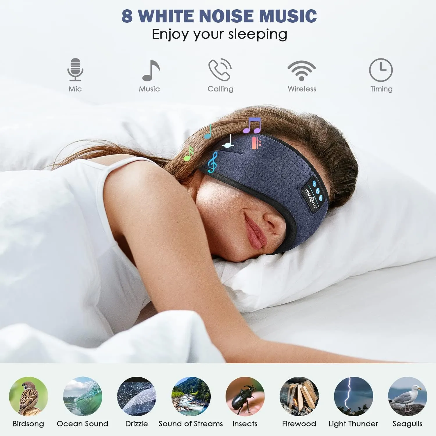 MUSICOZY White Noise Bluetooth Sleep Mask with 8 Soothing Sounds & 3D Wireless Sleep Headphones, Bluetooth Sleeping Headphones for Yoga Travel Office Relaxation, Tech Gadgets Gifts, Gray