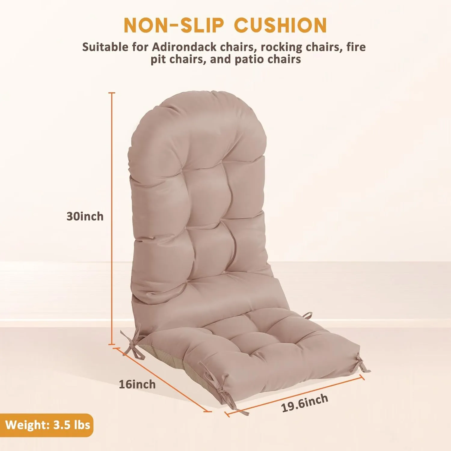 nalone 2 Pack Adirondack Cushion Rocking Chair Cushions High Back Adirondack Chair Cushion with Ties Patio Cushions for Outdoor Furniture (2 Pack, Beige)