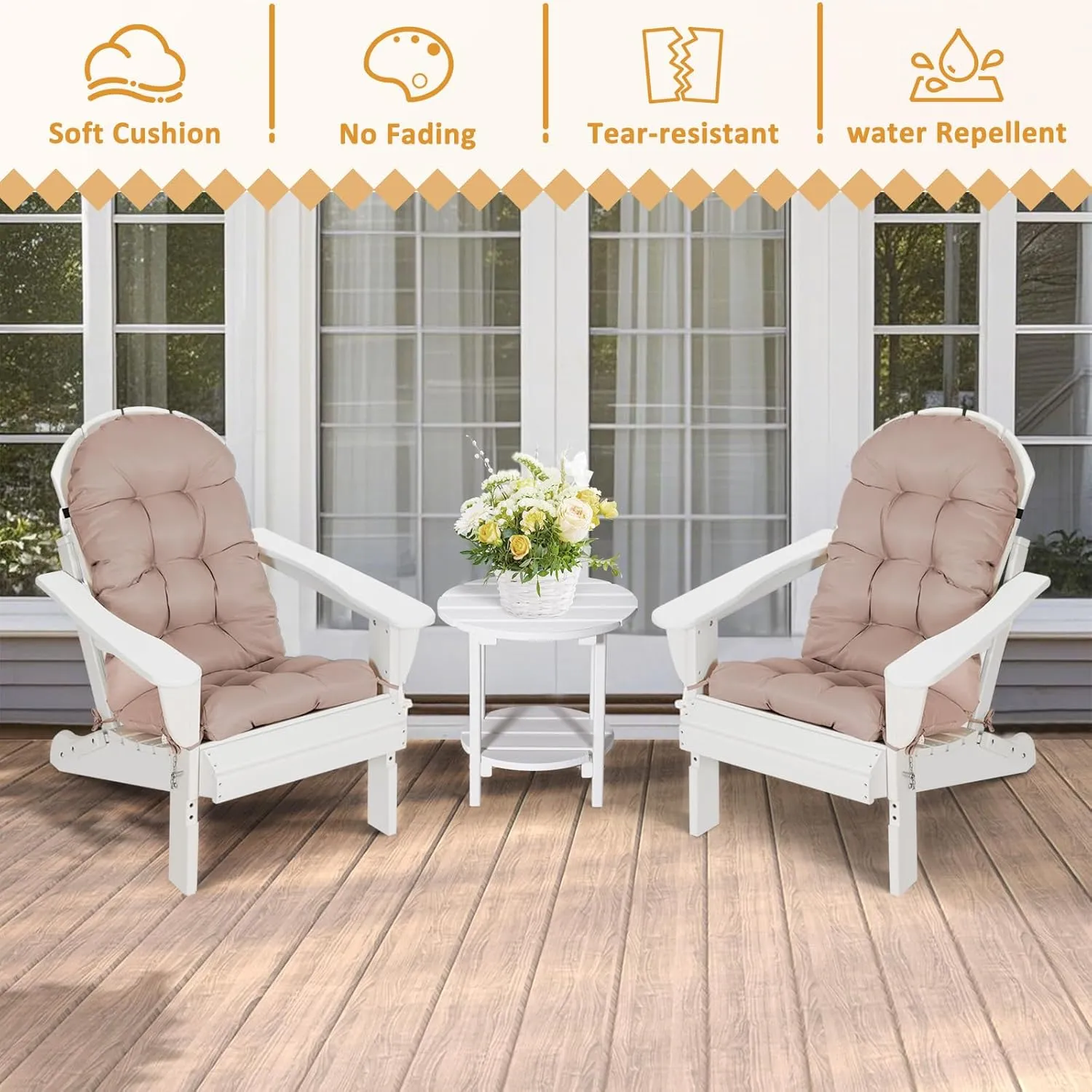 nalone 2 Pack Adirondack Cushion Rocking Chair Cushions High Back Adirondack Chair Cushion with Ties Patio Cushions for Outdoor Furniture (2 Pack, Beige)