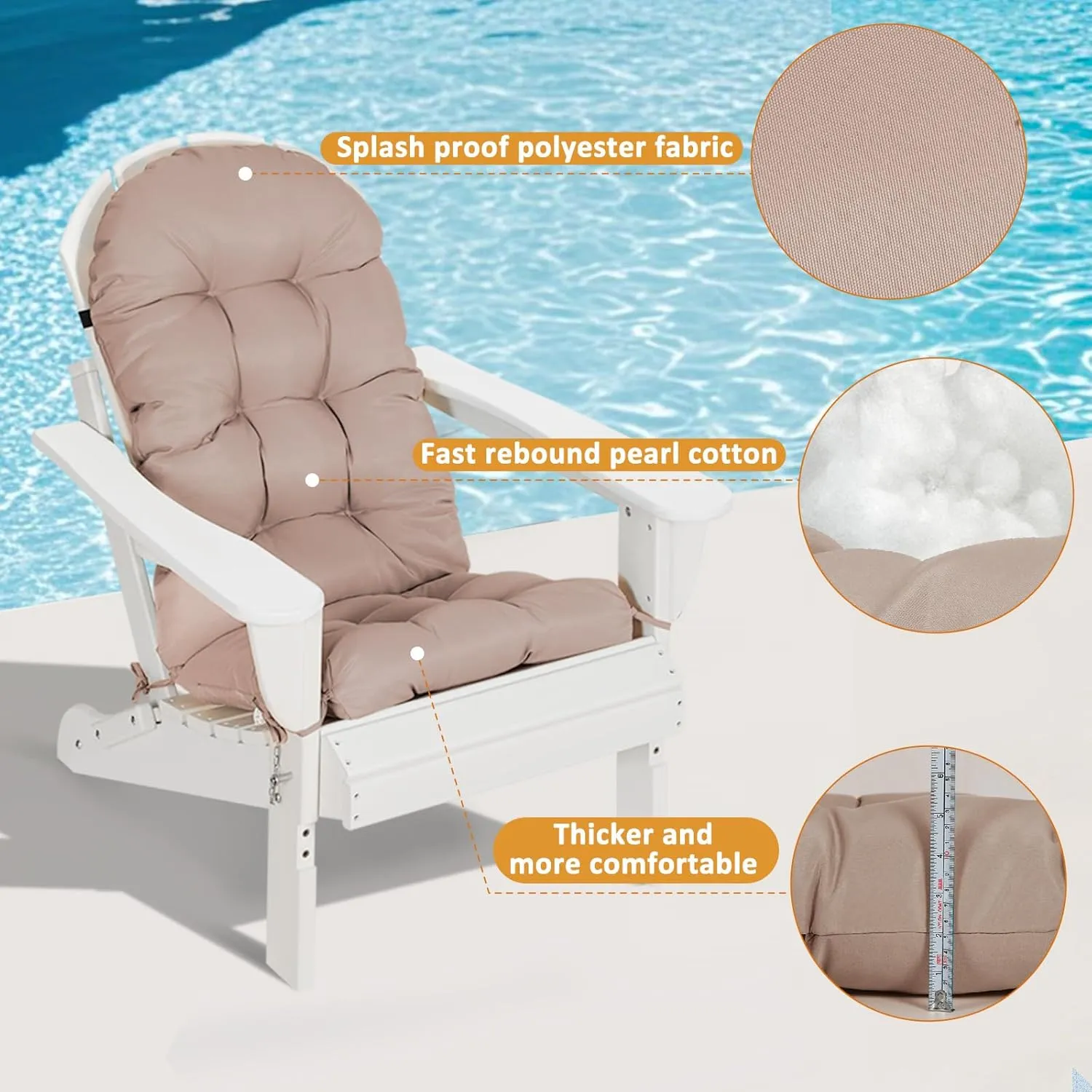 nalone 2 Pack Adirondack Cushion Rocking Chair Cushions High Back Adirondack Chair Cushion with Ties Patio Cushions for Outdoor Furniture (2 Pack, Beige)