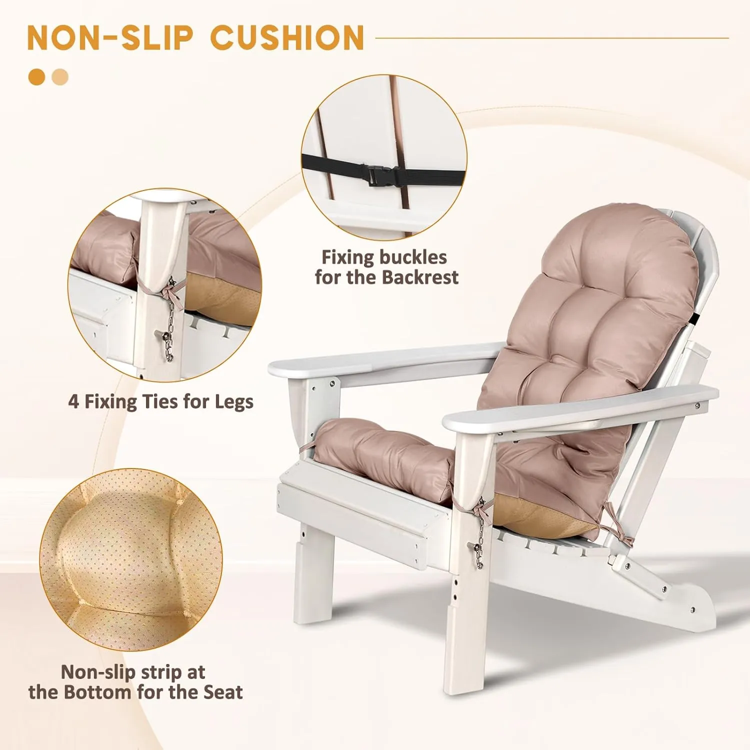 nalone 2 Pack Adirondack Cushion Rocking Chair Cushions High Back Adirondack Chair Cushion with Ties Patio Cushions for Outdoor Furniture (2 Pack, Beige)