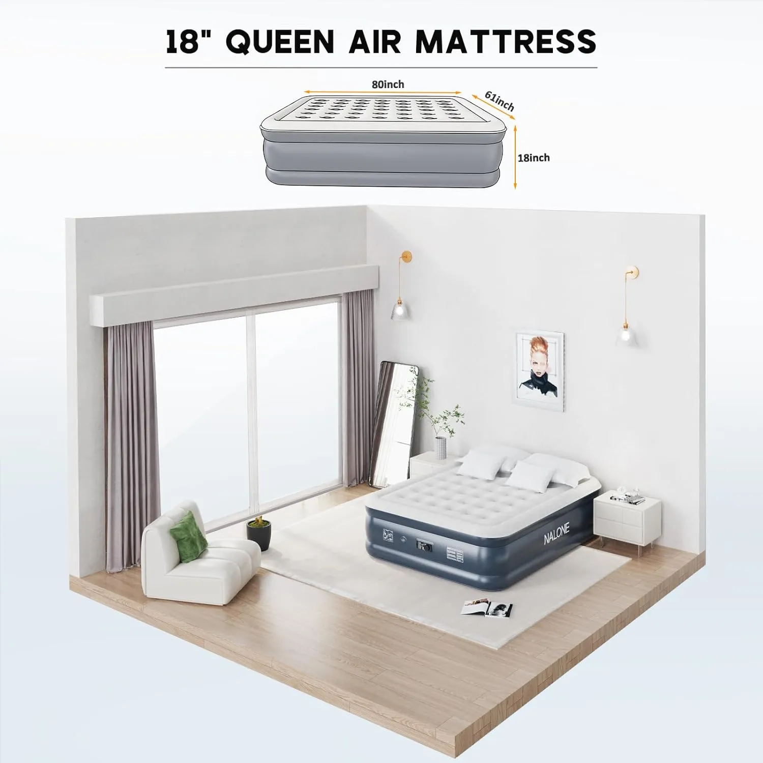 nalone Air Mattress Queen with Built in Pump, 18'' Raise Luxury Inflatable Mattress, 2025 Upgraded Fast Blow Up Mattress with Carry Bag, Portable Air Bed for Home, Travel & Camping, 690lbs Max
