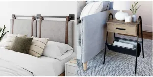 Nathan James Harlow Wall Mount Headboard, Queen, Gray & Hugo Wood Nightstand, Rustic Accent End or Side Table with Drawer, Durable Black Metal Frame & Leather Hammock, Gray