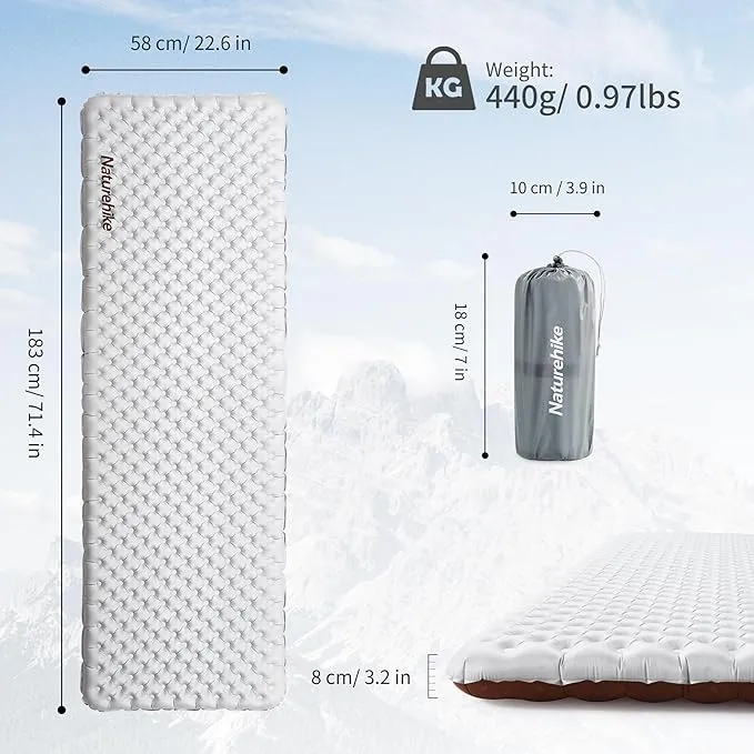 Naturehike 1.65LB Ultralight Self Inflating Sleeping Pad, Patchworkable Sleeping Mat with 5.8 R-Value for Camping, Hiking, Climbing with Inflatable Bag, Grey Rectangular