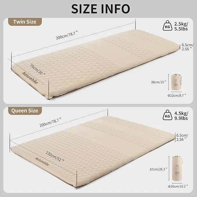 Naturehike 2.56’’ Thick Self-Inflating Sleeping Pad with Lighter Foam, Inflatable Queen Size Mattress for Camping, Outdoors, Car, Home, ISPO Award Winning Processes