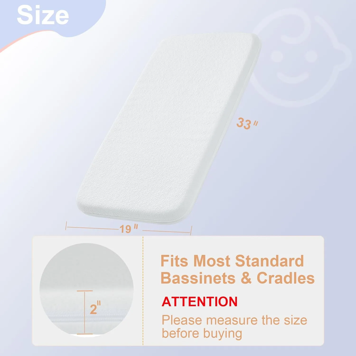 NeoBorn Baby Bassinet Mattress Pad, 33" x 19" Dual Sided Comfort Gel Memory Foam Mattress with Removable Breathable Soft Tencel Cover Fit for Jimglo/ANGELBLISS 3 in 1/BabyBond/Cowiewie Baby Bassinet