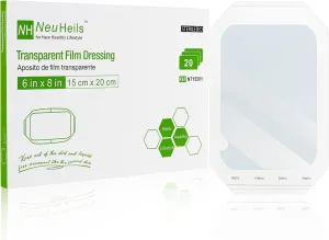 NeuHeils Transparent Film Dressing, Size 6''x8'', 20 Packs, Tattoo Aftercare Bandages, Large Waterproof Wound Cover Patch, Post Surgical Shower Shiled, IV Shield, PICC Catheter Shower Cover