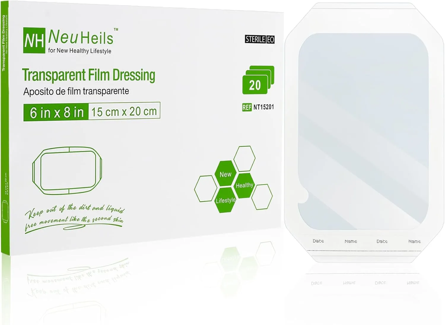 NeuHeils Transparent Film Dressing, Size 6''x8'', 20 Packs, Tattoo Aftercare Bandages, Large Waterproof Wound Cover Patch, Post Surgical Shower Shiled, IV Shield, PICC Catheter Shower Cover