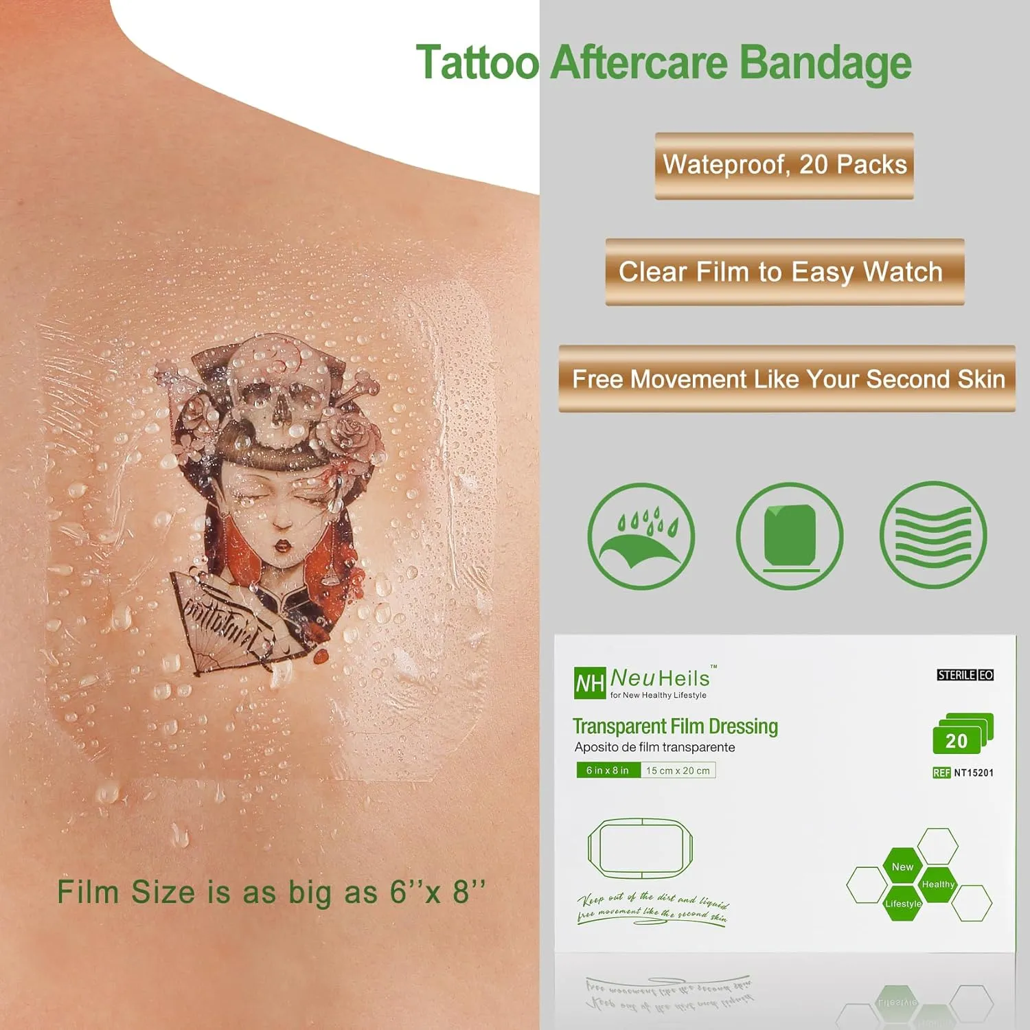 NeuHeils Transparent Film Dressing, Size 6''x8'', 20 Packs, Tattoo Aftercare Bandages, Large Waterproof Wound Cover Patch, Post Surgical Shower Shiled, IV Shield, PICC Catheter Shower Cover
