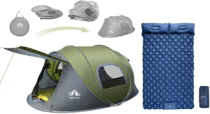 Night Cat Upgraded Pop up Tent with Inflatable Double Sleeping Pad for 2-4 Persons Automatic Instant Tent Combo Set