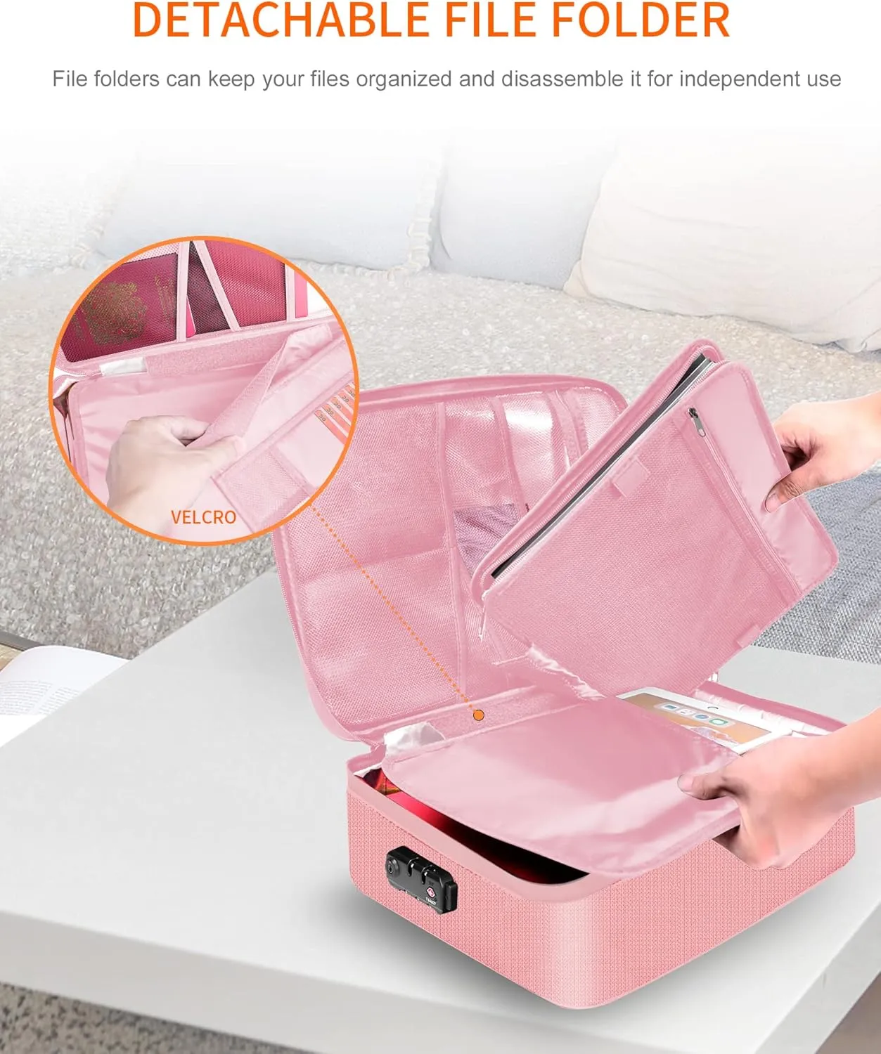 Noiposi Important Document Organizer, Waterproof and Fireproof Document Box with 7 Pockets File Folder,Portable Home Fire Safe Storage Box Case with Lock for Documents,File and Card,Pink