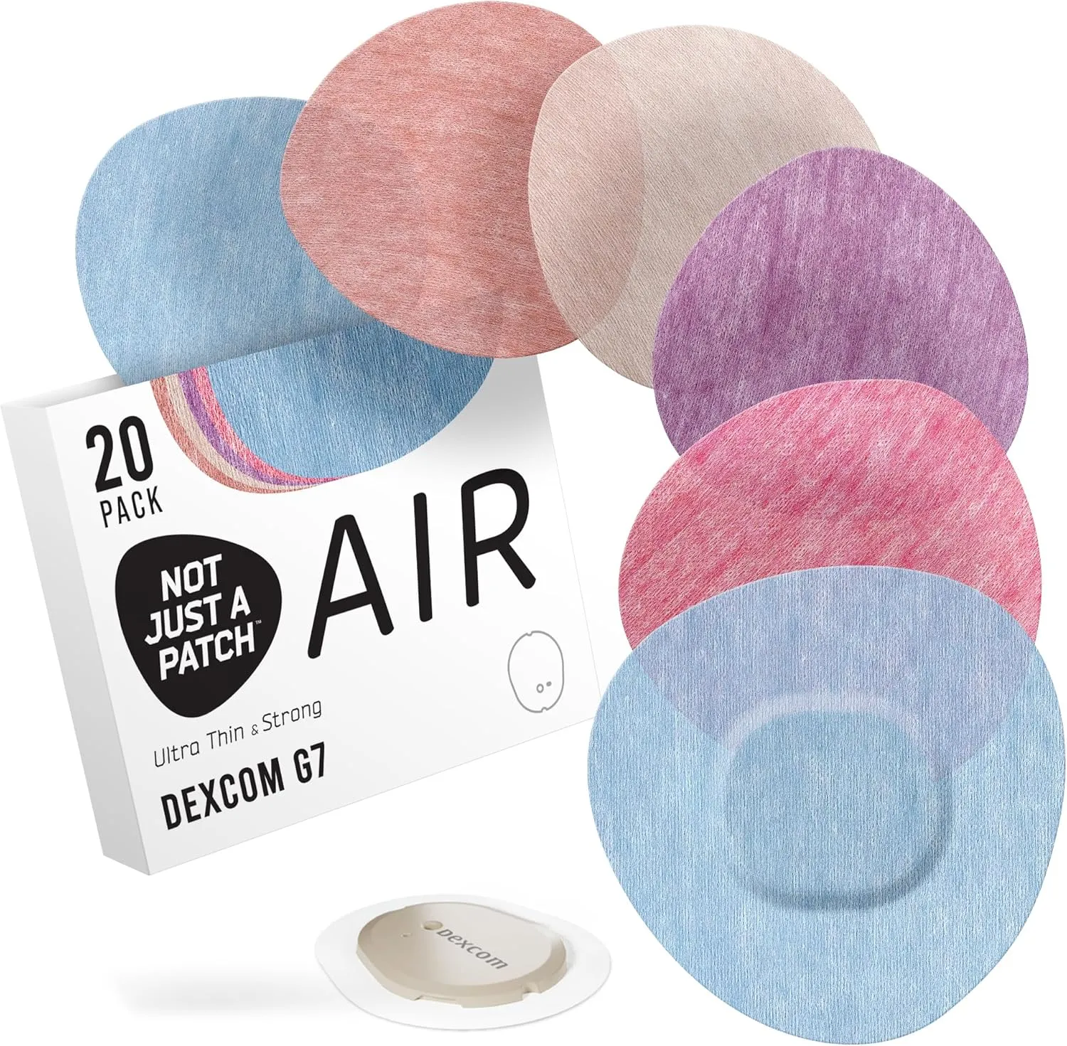 Not Just A Patch Air Dexcom G7 Adhesive Patches (20 Pack) – Waterproof CGM Overpatches – Strong, Thin, Lightweight Sensor Covers – 10-14 Day Adhesion Glucose Durable Sensor Patches – Multicolor