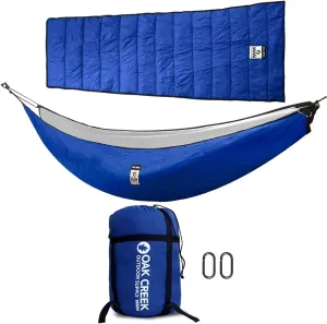 Oak Creek Hidden Ridge Underquilt/Topquilt Bundle. Full Length, Lightweight for Hammock Camping. 3-4 Seasons, 240T Rip-Stop Nylon Shell. Includes Carabiners and Compression Sack. Weighs 3.4 lbs.