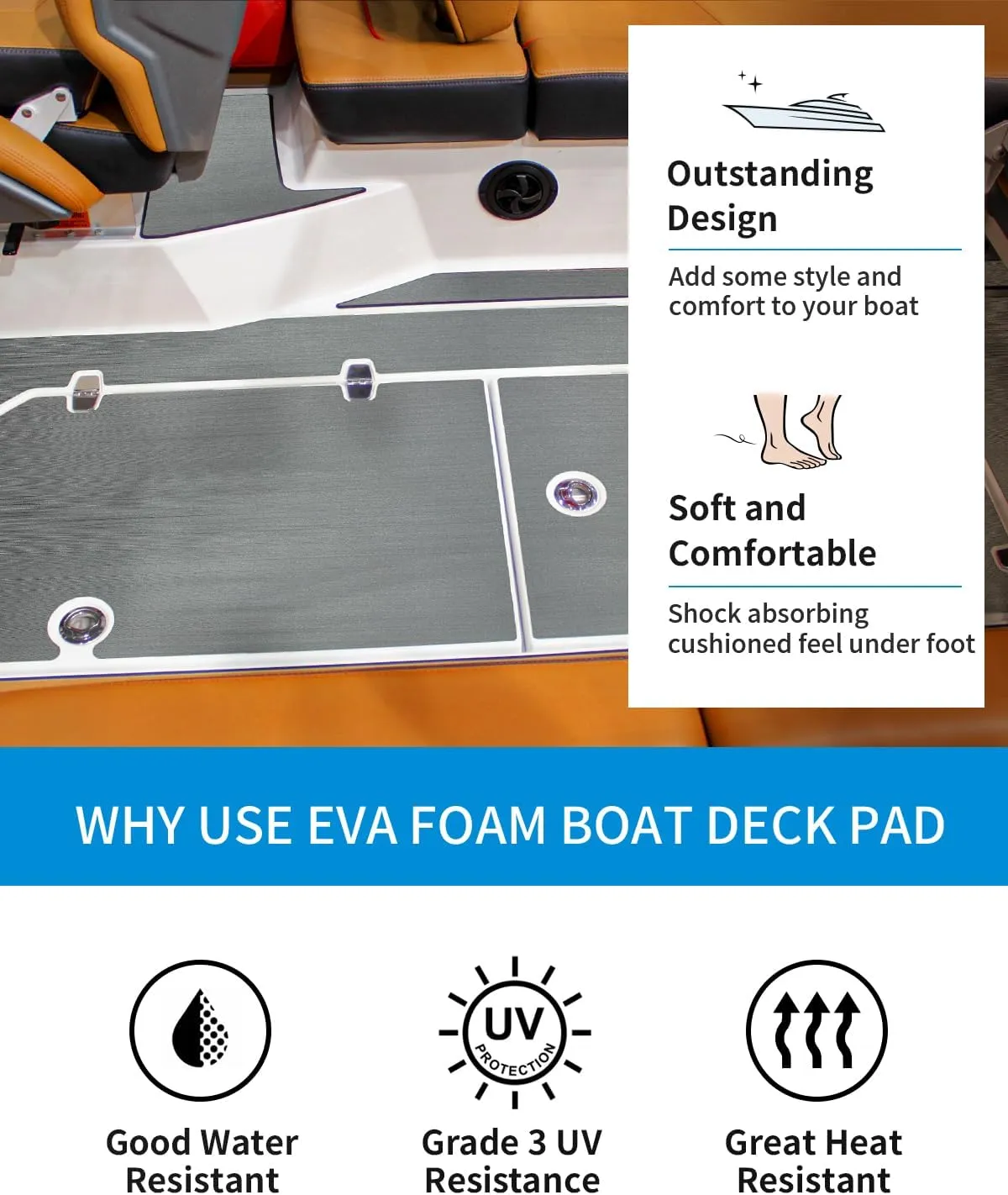 OCEANBROAD Brushed Boat Flooring 96''x16''/47'' Self-Adhesive EVA Foam Sheet Non-Slip Traction Pad for Boats Surfboard SUP Paddle Board Kayak Yacht, Camel Brown/Dark Gray/Gray