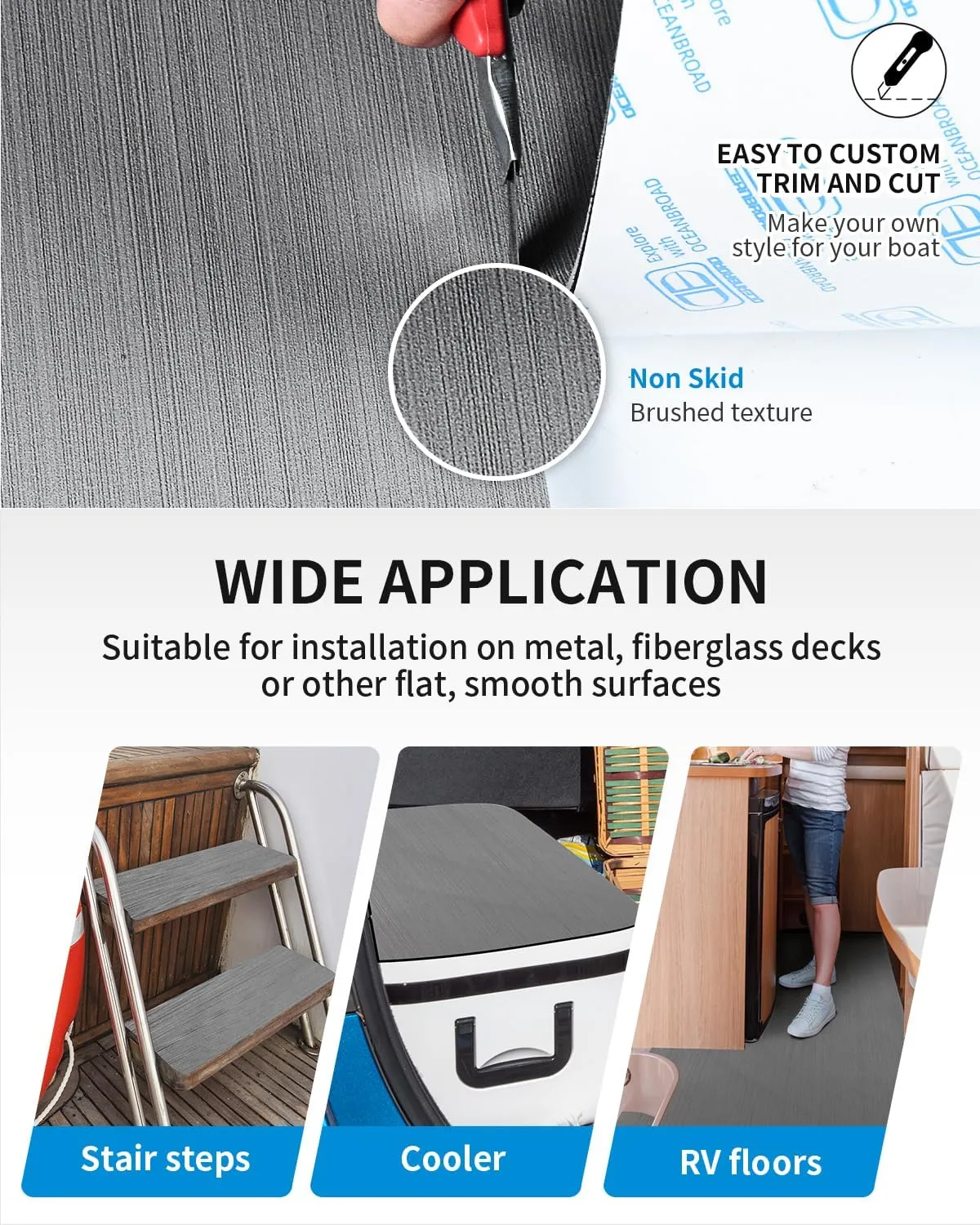 OCEANBROAD Brushed Boat Flooring 96''x16''/47'' Self-Adhesive EVA Foam Sheet Non-Slip Traction Pad for Boats Surfboard SUP Paddle Board Kayak Yacht, Camel Brown/Dark Gray/Gray