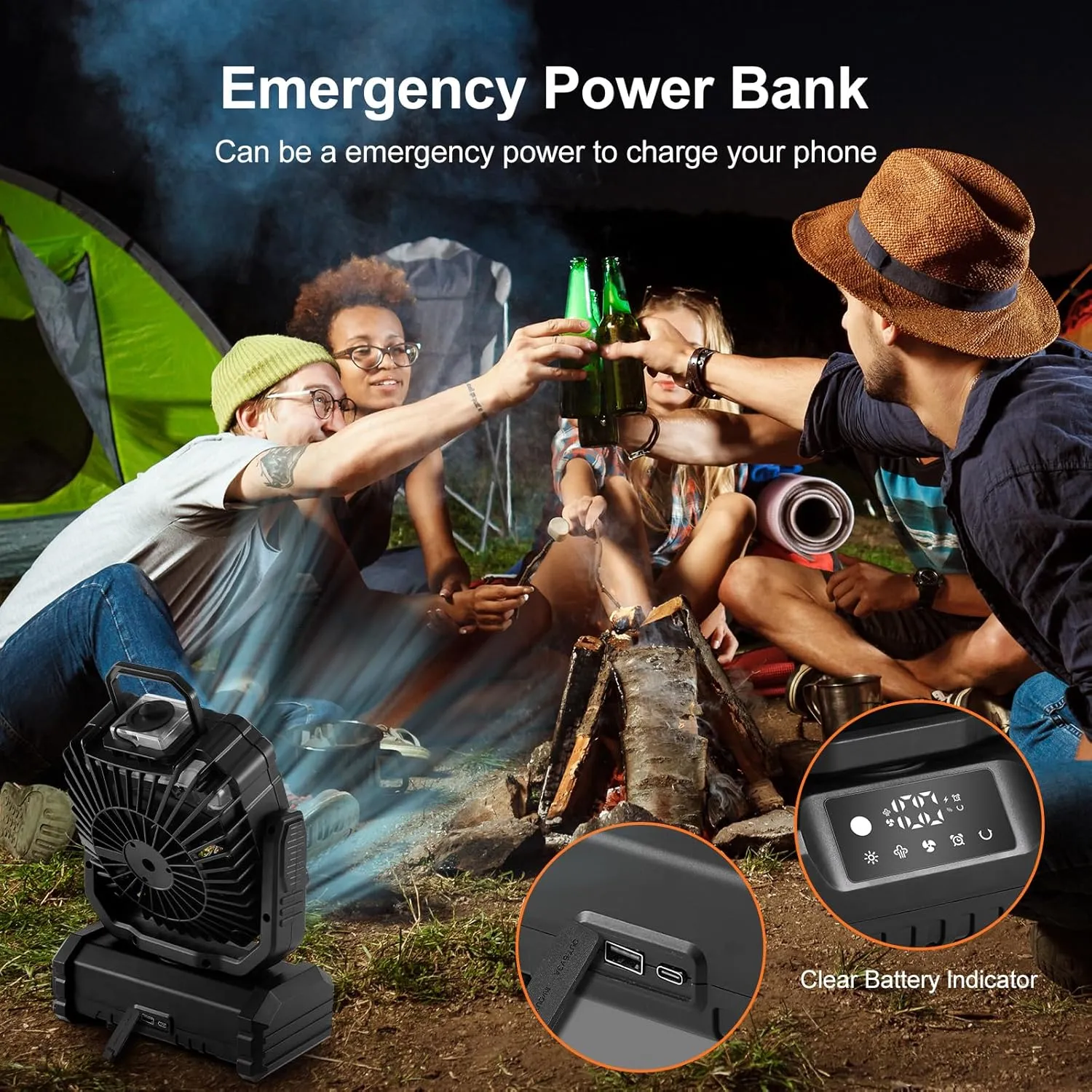 Odoland Portable Misting Fan with Light, 30000mAh Rechargeable Battery Cooling Camping Fan with 2 Spray Mister, USB Tent Fans with Hook for Outdoor, Hiking, Patio, Travel, Beach, Black