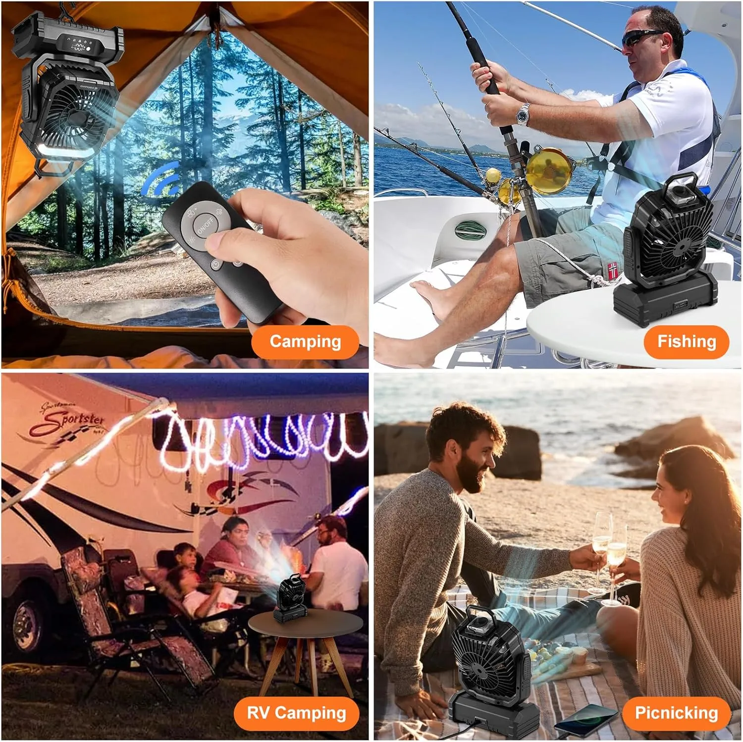 Odoland Portable Misting Fan with Light, 30000mAh Rechargeable Battery Cooling Camping Fan with 2 Spray Mister, USB Tent Fans with Hook for Outdoor, Hiking, Patio, Travel, Beach, Black