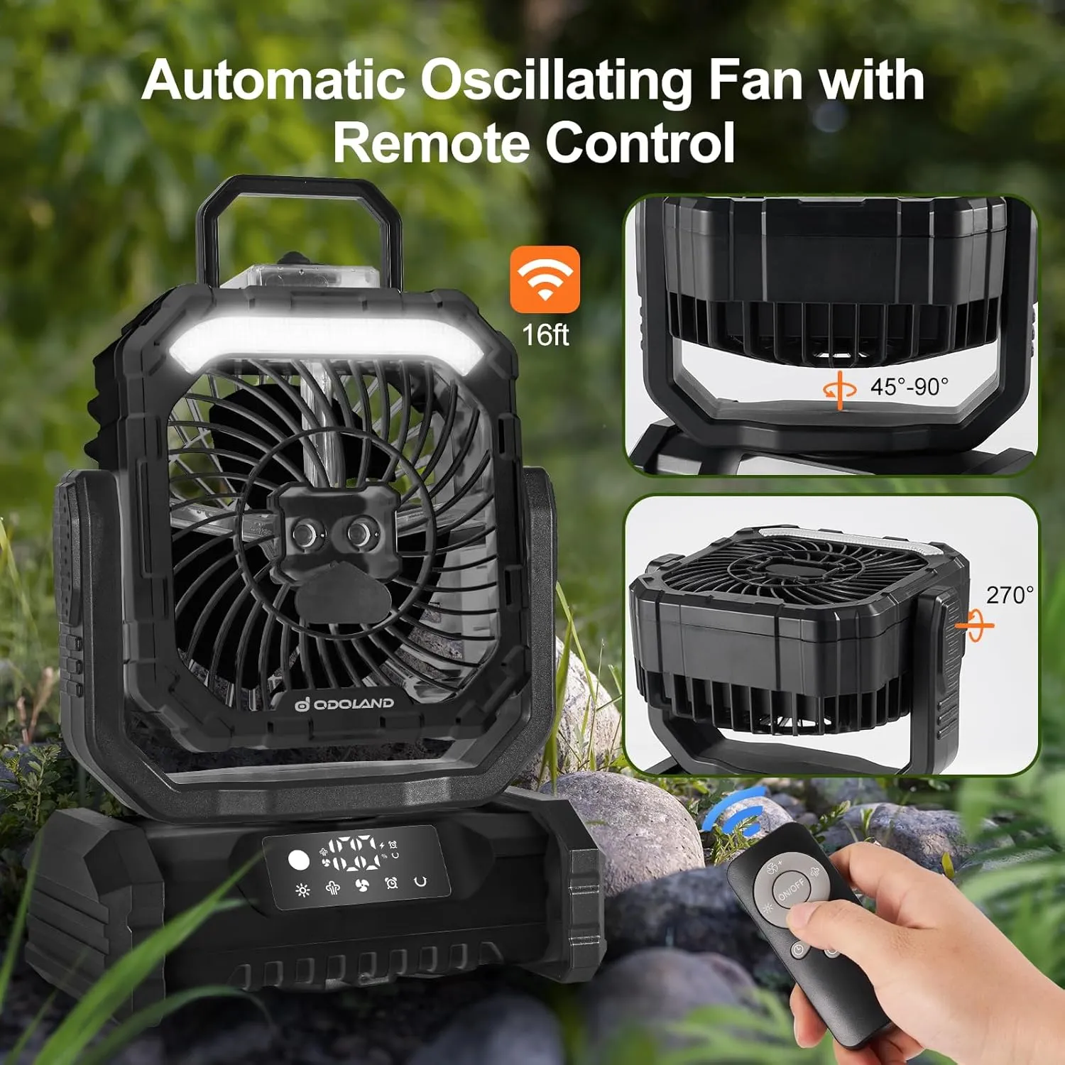 Odoland Portable Misting Fan with Light, 30000mAh Rechargeable Battery Cooling Camping Fan with 2 Spray Mister, USB Tent Fans with Hook for Outdoor, Hiking, Patio, Travel, Beach, Black