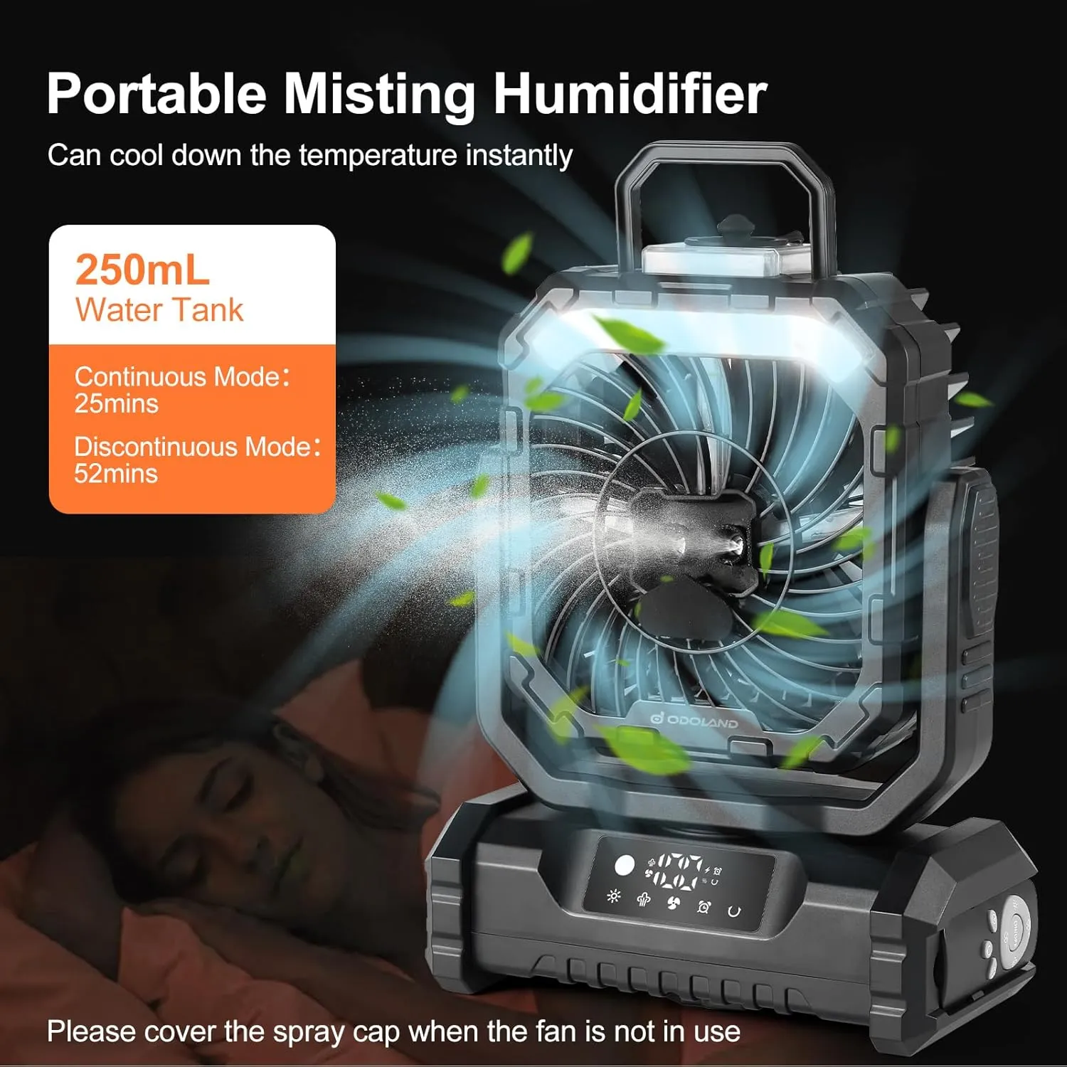 Odoland Portable Misting Fan with Light, 30000mAh Rechargeable Battery Cooling Camping Fan with 2 Spray Mister, USB Tent Fans with Hook for Outdoor, Hiking, Patio, Travel, Beach, Black