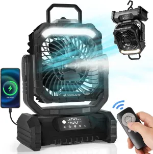 Odoland Portable Misting Fan with Light, 30000mAh Rechargeable Battery Cooling Camping Fan with 2 Spray Mister, USB Tent Fans with Hook for Outdoor, Hiking, Patio, Travel, Beach, Black