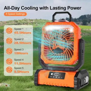 Odoland Portable Misting Fan with Light, 30000mAh Rechargeable Battery Cooling Camping Fan with 2 Spray Mister, USB Tent Fans with Hook for Outdoor, Hiking, Patio, Travel, Beach, Orange