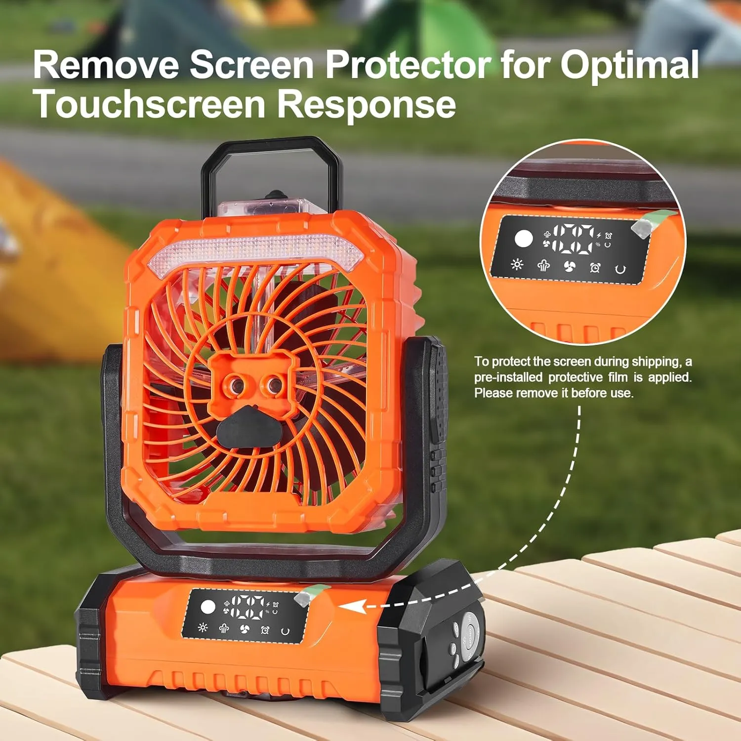 Odoland Portable Misting Fan with Light, 30000mAh Rechargeable Battery Cooling Camping Fan with 2 Spray Mister, USB Tent Fans with Hook for Outdoor, Hiking, Patio, Travel, Beach, Orange