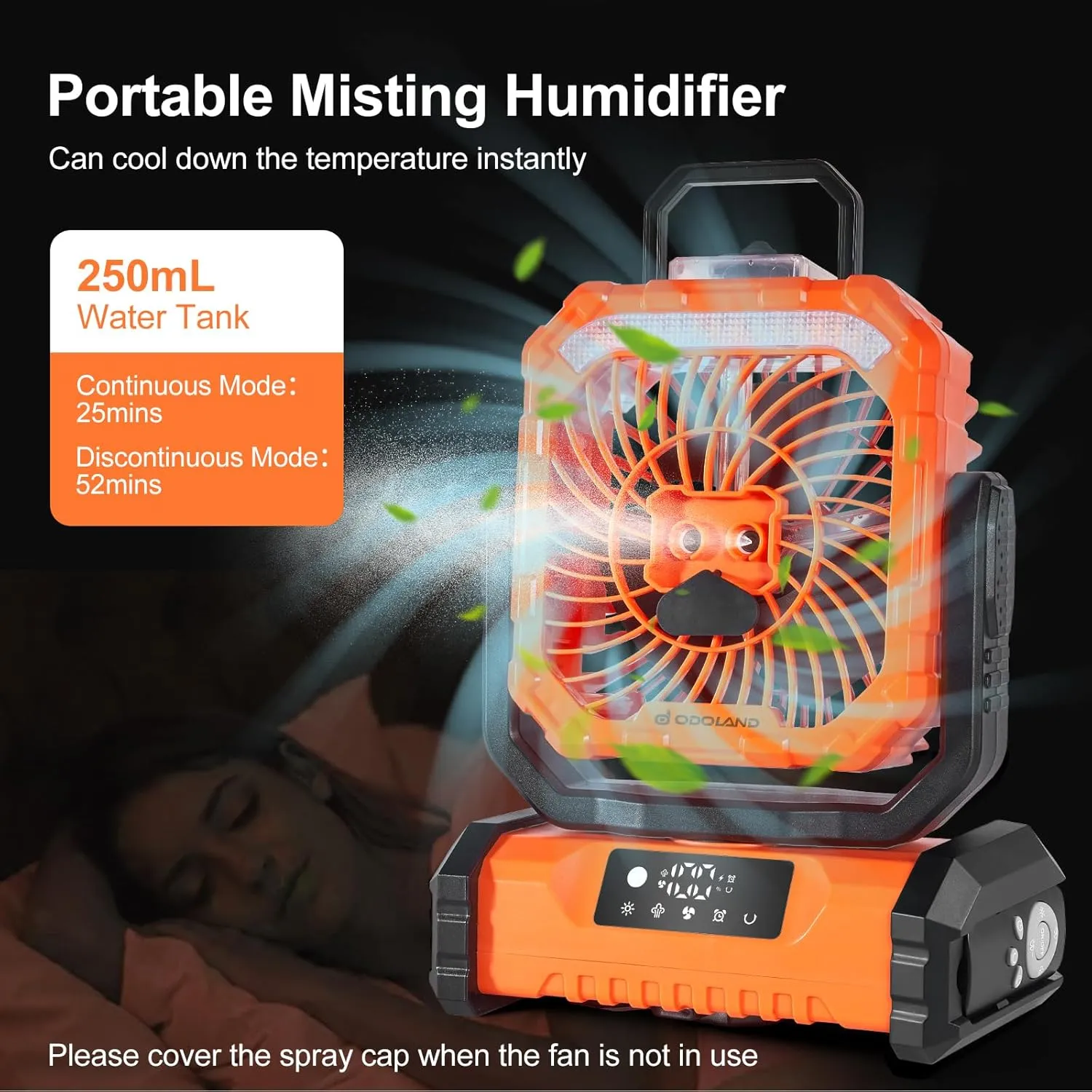 Odoland Portable Misting Fan with Light, 30000mAh Rechargeable Battery Cooling Camping Fan with 2 Spray Mister, USB Tent Fans with Hook for Outdoor, Hiking, Patio, Travel, Beach, Orange