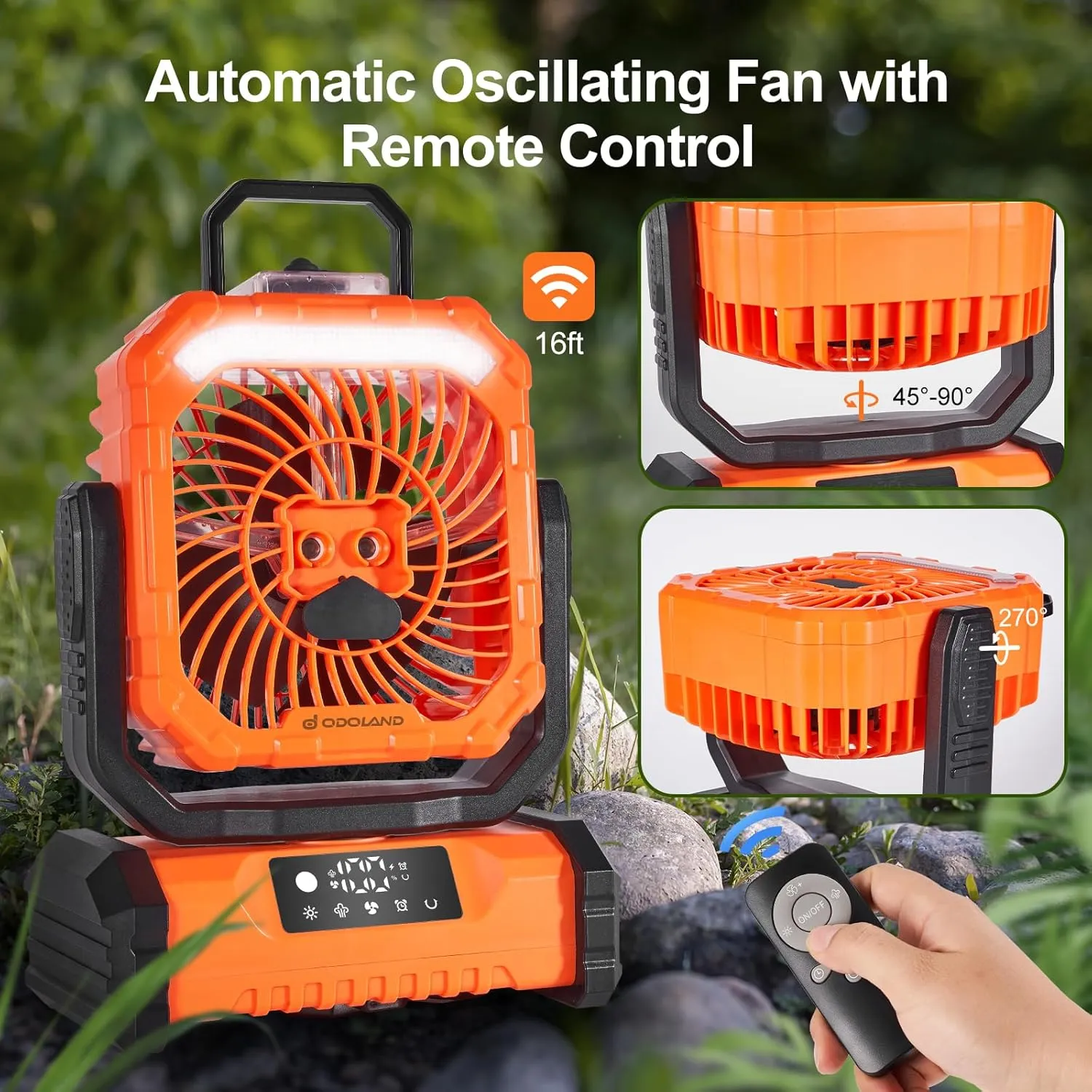 Odoland Portable Misting Fan with Light, 30000mAh Rechargeable Battery Cooling Camping Fan with 2 Spray Mister, USB Tent Fans with Hook for Outdoor, Hiking, Patio, Travel, Beach, Orange