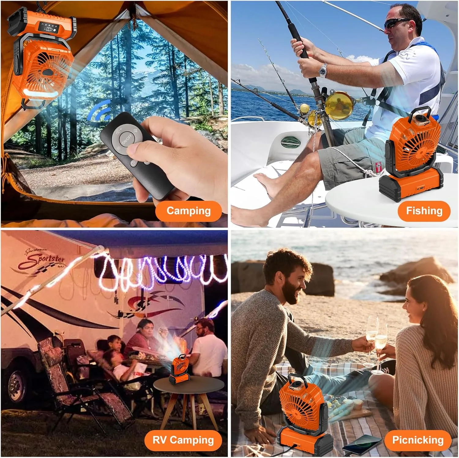Odoland Portable Misting Fan with Light, 30000mAh Rechargeable Battery Cooling Camping Fan with 2 Spray Mister, USB Tent Fans with Hook for Outdoor, Hiking, Patio, Travel, Beach, Orange