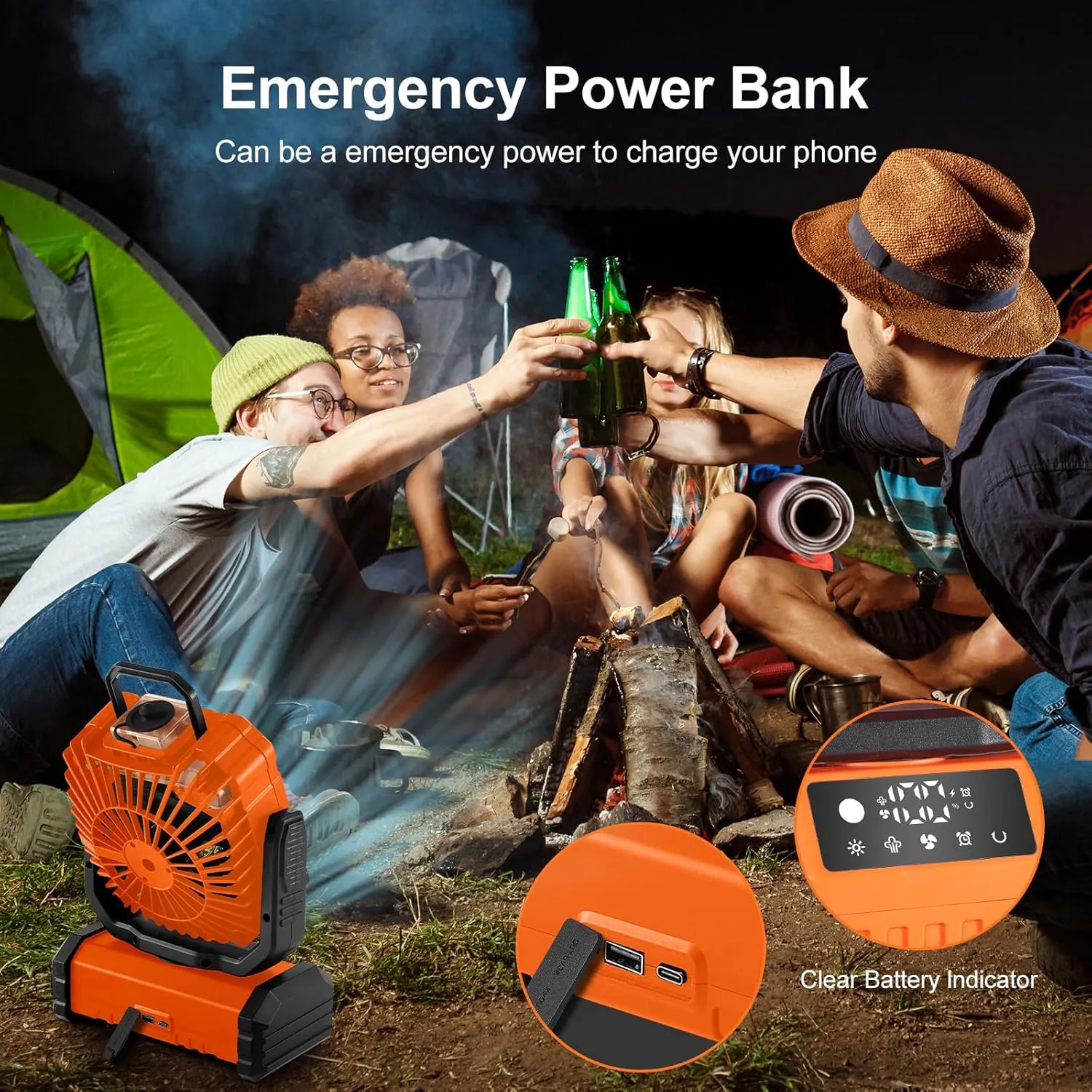 Odoland Portable Misting Fan with Light, 30000mAh Rechargeable Battery Cooling Camping Fan with 2 Spray Mister, USB Tent Fans with Hook for Outdoor, Hiking, Patio, Travel, Beach, Orange