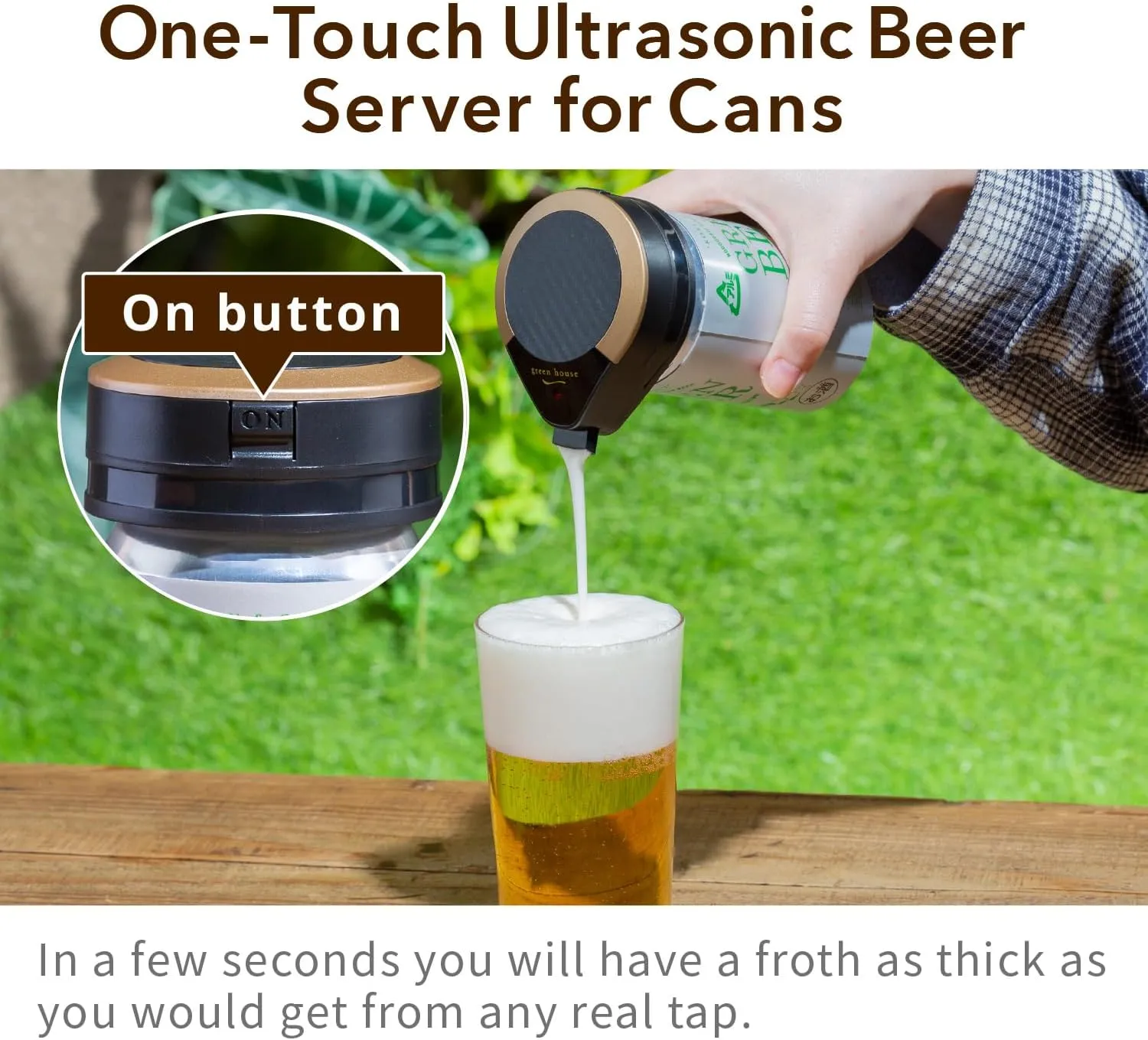One-Touch Ultrasonic Beer Server that fits over beer cans, transforming them into a draft beer tap, GH-UBEERMS-GR