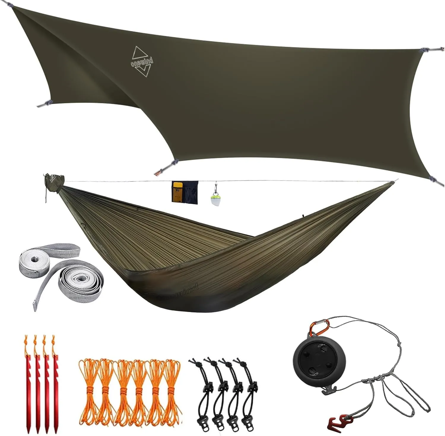onewind Ultralight Hammock with Rain Fly and Tarp Ridgeline Mini Reel, Portable Lightweight 11ft Camping Hammock with 12ft Ultralight Silnylon Tarp, 12ft Ultralight Tree Straps for Hiking Backpacking