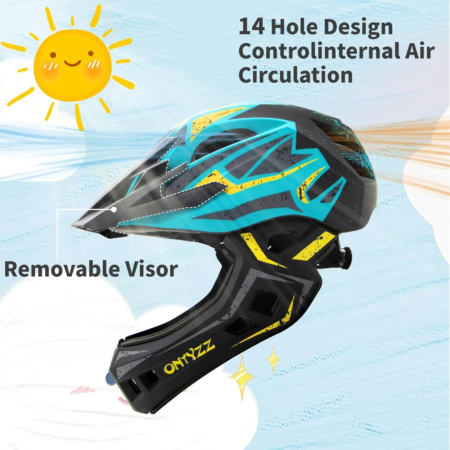 ONTYZZ Kids Bicycle Helmet Kids Adjustable Safety Full Face Helmet Lightweight Toddler Mountain Full Bike Helmet for Skating Cycling Scooter for Child