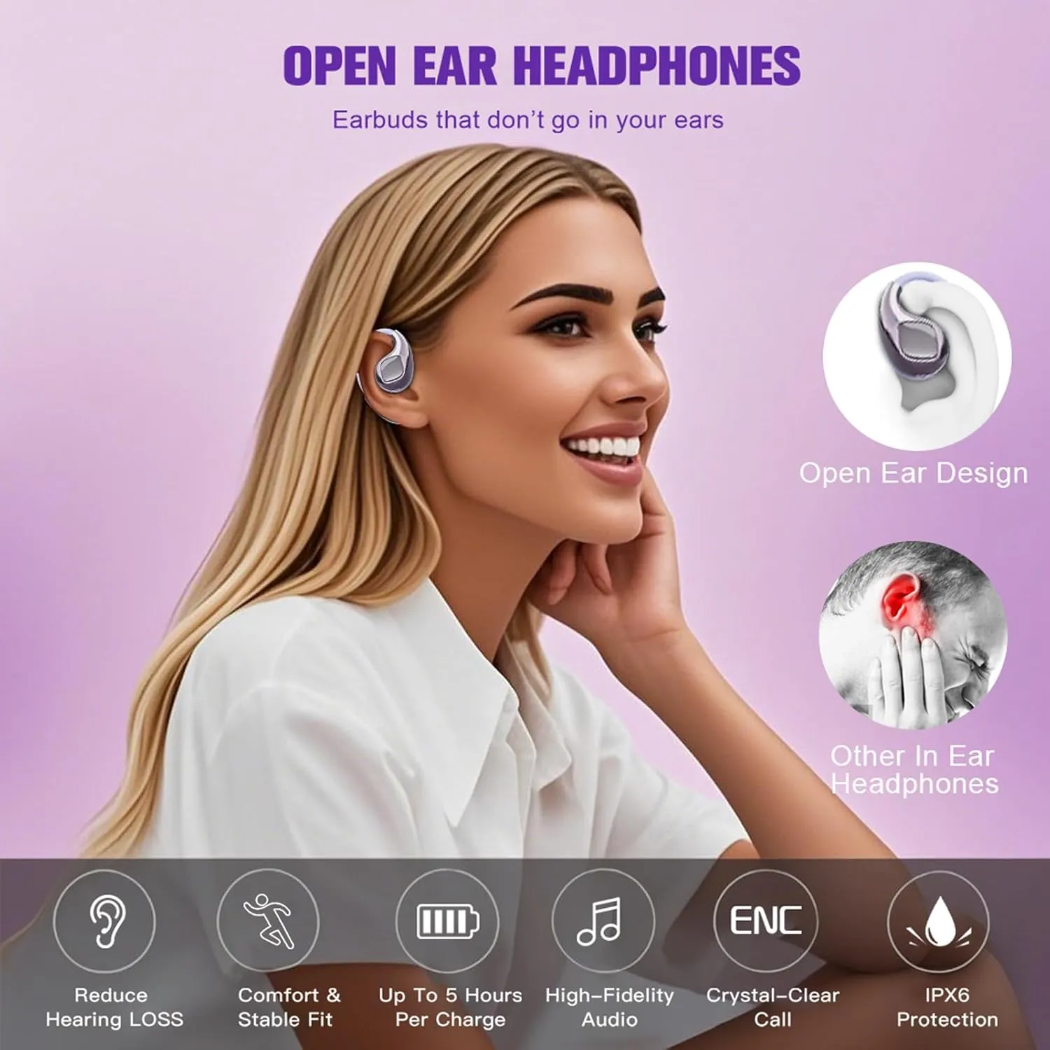 Open Over The Ear Earbuds Ear Buds Air Bone Conduction Headphones Wireless Bluetooth Out of Ear Earbuds for Small Ears Canals Women Kids with Ear Loop for Working Out Running Sport