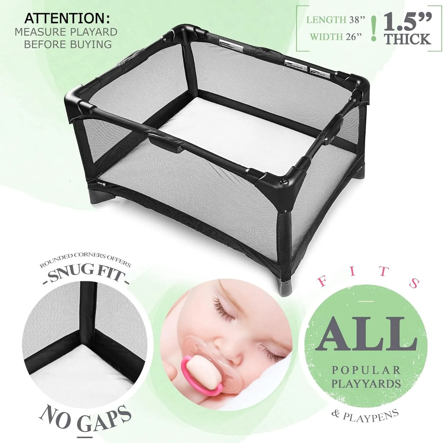 Organic Cotton Pack N Play Mattress | Dual-Sided Portable Baby Crib Pad with Firm Side for Infants & Soft Memory Foam for Toddlers, Waterproof & Washable Cover | 38x26x1.5 Fits Most Playards/Playpens