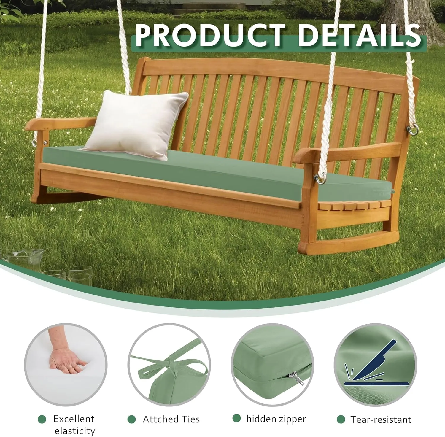 Outdoor Bench Cushion: Waterproof and Fade Resistant Patio Furniture Cushions - Non-slip Bench Pad Cushion with Removable Cover for Garden Swing Porch Sofa Settee, 48 x 18 x 3 Inch, Sage Green