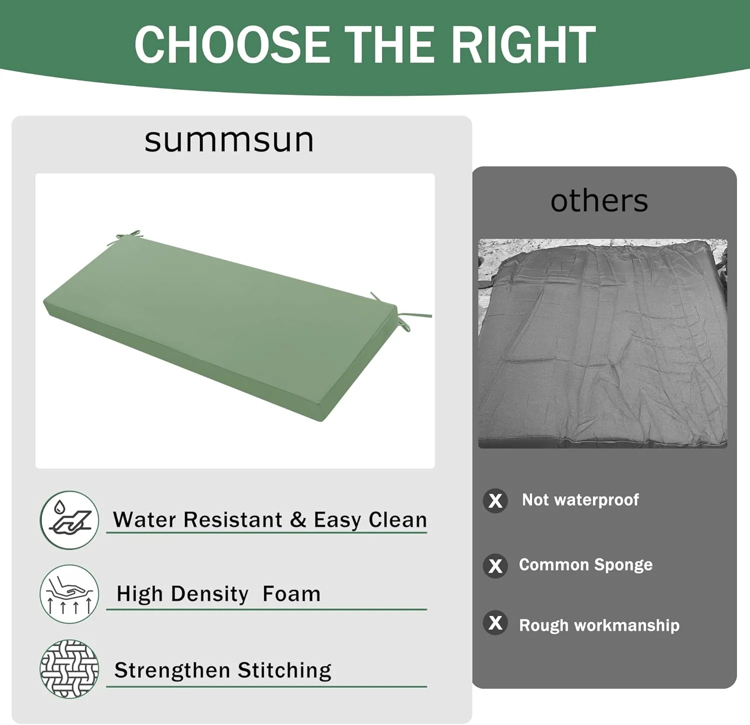 Outdoor Bench Cushion: Waterproof and Fade Resistant Patio Furniture Cushions - Non-slip Bench Pad Cushion with Removable Cover for Garden Swing Porch Sofa Settee, 48 x 18 x 3 Inch, Sage Green