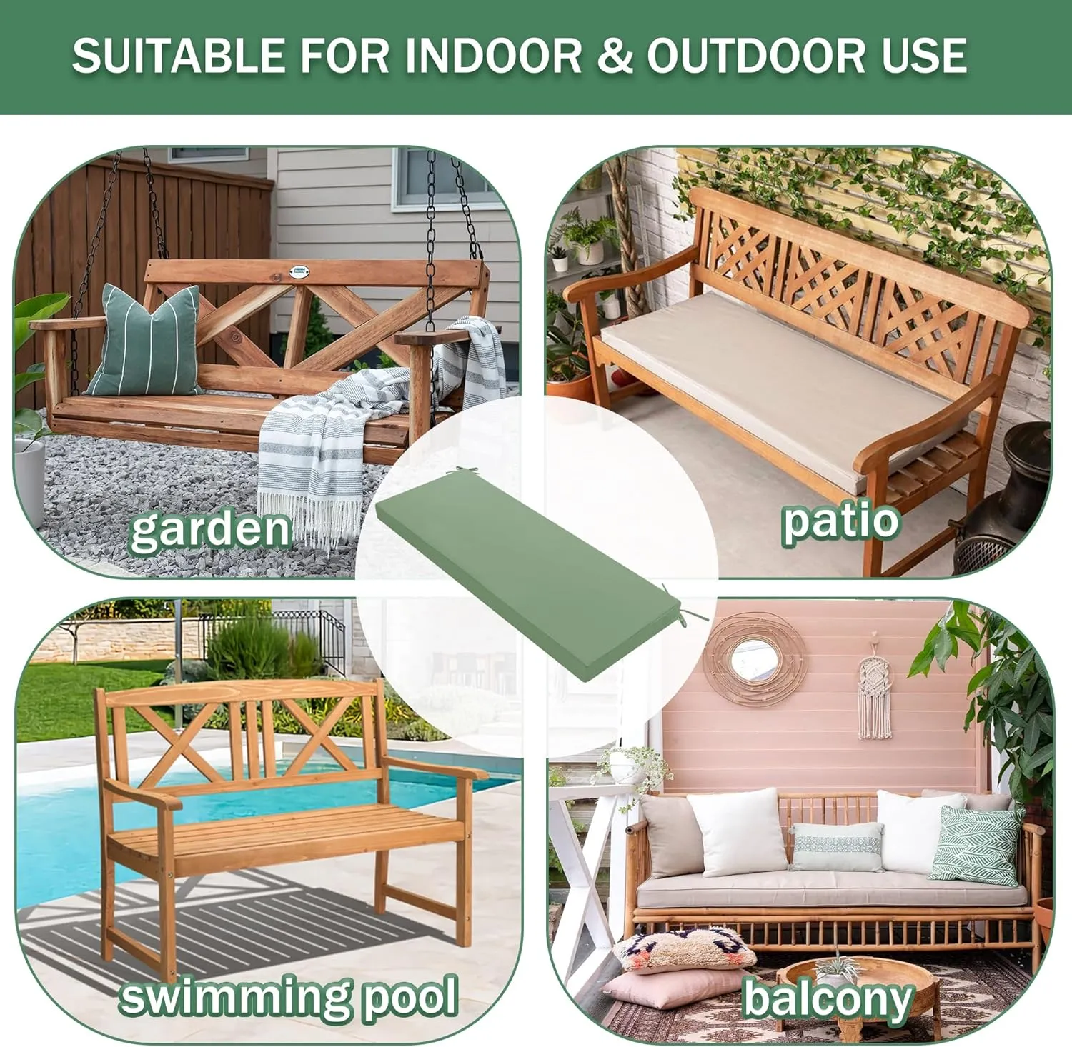 Outdoor Bench Cushion: Waterproof and Fade Resistant Patio Furniture Cushions - Non-slip Bench Pad Cushion with Removable Cover for Garden Swing Porch Sofa Settee, 48 x 18 x 3 Inch, Sage Green