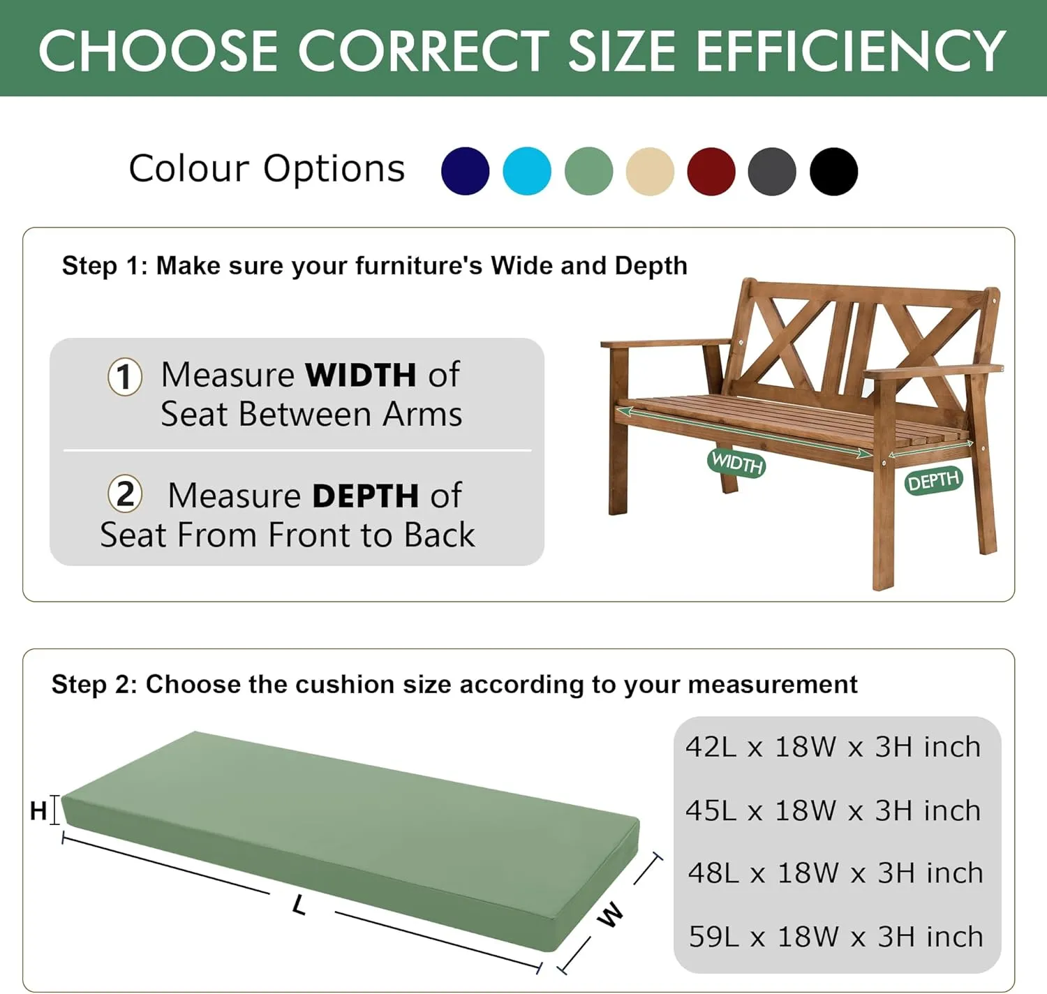 Outdoor Bench Cushion: Waterproof and Fade Resistant Patio Furniture Cushions - Non-slip Bench Pad Cushion with Removable Cover for Garden Swing Porch Sofa Settee, 48 x 18 x 3 Inch, Sage Green