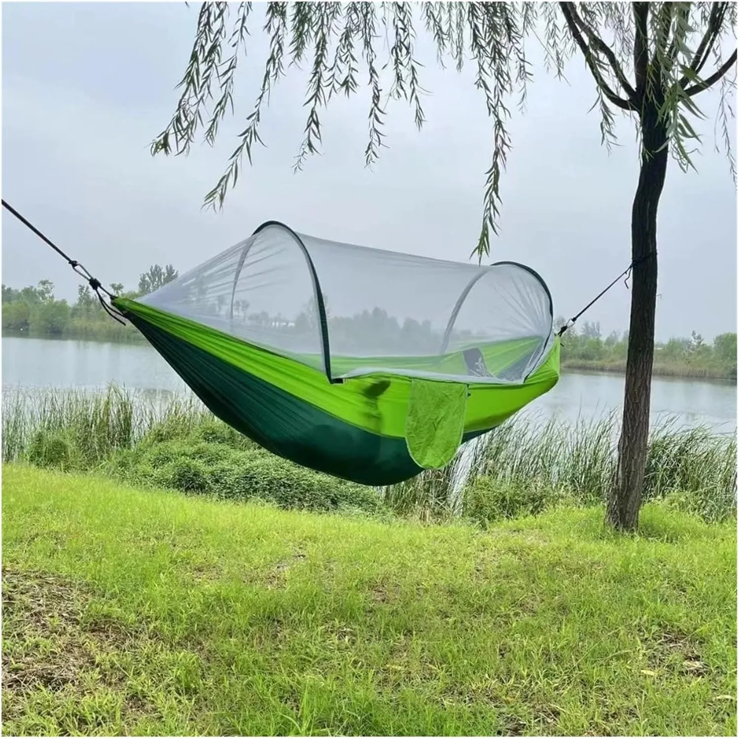 Outdoor Camping Hammock High Strength Parachute Fabric with Mosquito Net Lightweight Hanging Hammocks Hanging Bed Net 250x120cm for Terrace, Outdoor(Double Green)