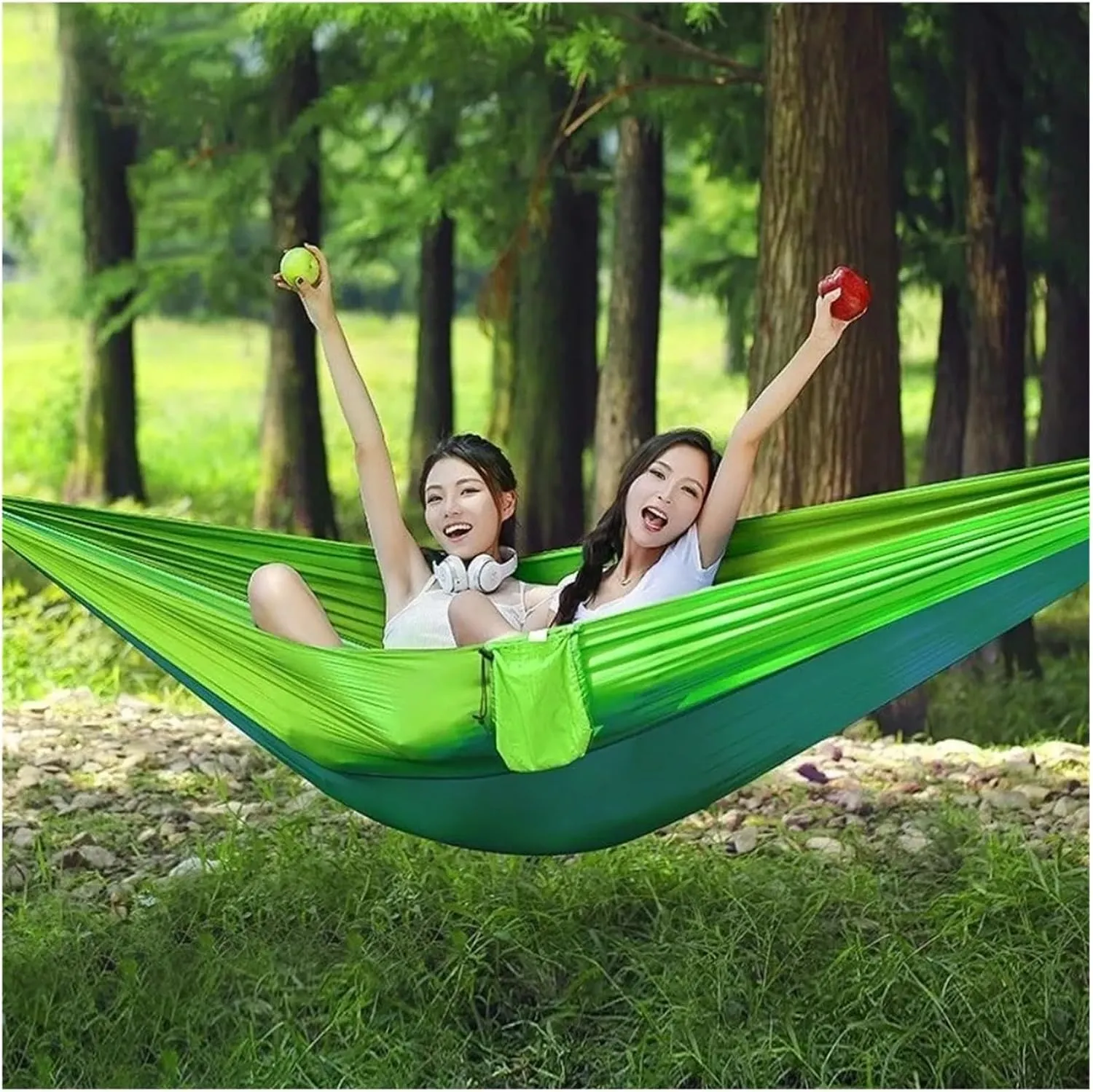 Outdoor Camping Hammock High Strength Parachute Fabric with Mosquito Net Lightweight Hanging Hammocks Hanging Bed Net 250x120cm for Terrace, Outdoor(Double Green)