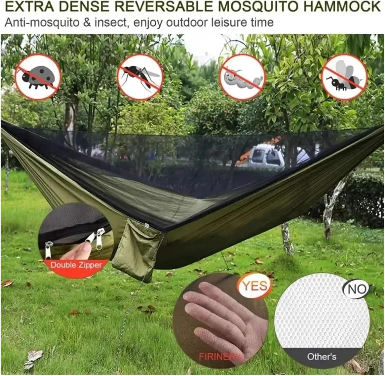 Outdoor Camping Hammock High Strength Parachute Fabric with Mosquito Net Lightweight Hanging Hammocks Hanging Bed Net 250x120cm for Terrace, Outdoor(Double Green)