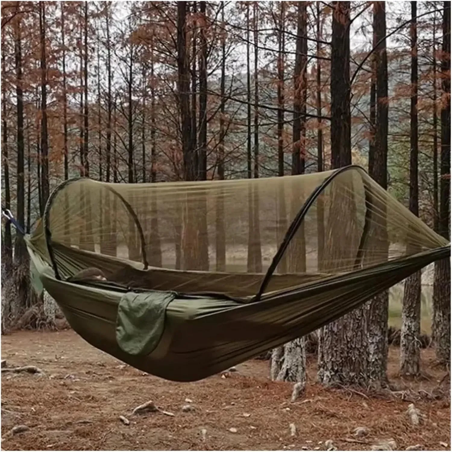 Outdoor Camping Hammock High Strength Parachute Fabric with Mosquito Net Lightweight Hanging Hammocks Hanging Bed Net 250x120cm for Terrace, Outdoor(Double Green)