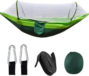 Outdoor Camping Hammock with Mosquito Net Lightweight Hanging Hammocks High Strength Parachute Fabric Hanging Bed Net 250x120cm for Terrace, Outdoor(Double Green)
